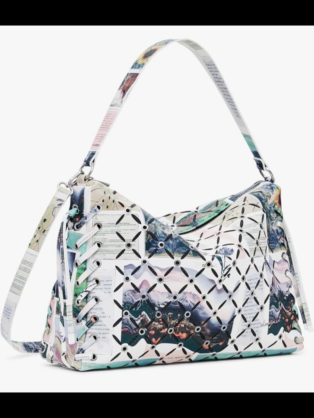 Desigual Newsprinted Arts Multi Lace-Up Shoulder/Crossbody Bag